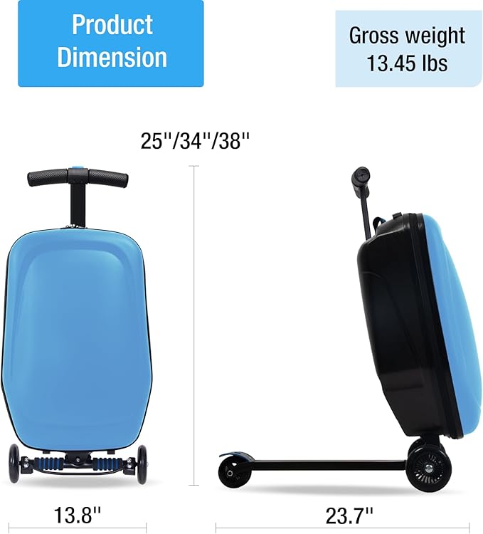 20" Scooter Suitcase for Kids, 2-in-1 Ride On Luggage with Wheels for Boys & Girls Ages 4-15, Foldable Hardshell Carry On Lightweight Travel Suitcase for Airplane