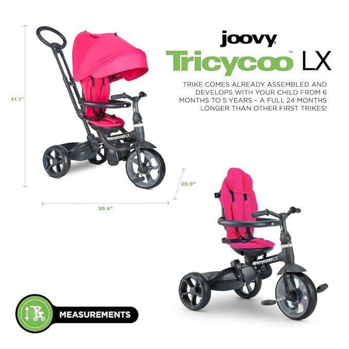 Joovy Tricycoo LX Premium Kids Tricycle with 8 Stages Featuring Chunky Front Tire, Removable and Adjustable Parent Handle, Safety Harness, Machine-Washable Seat Pad, and Retractable Canopy, Magenta