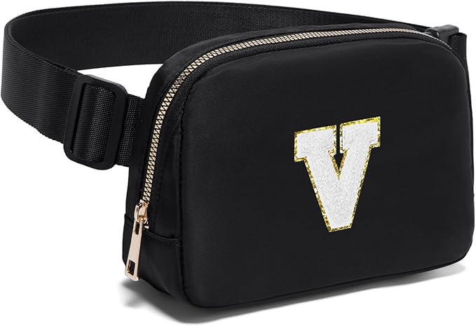 Gitus Birthday Gifts for 8 9 10 11 12 13 Year Old Girls Personalized Fanny Pack Crossbody Bags with Initial Letter Patch Belt Bag for Teen Girls Cute Trendy Stuff Travel Essentials (Black-V)