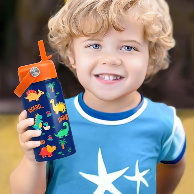 Dinosaur Water Bottle for Boys - Kids Water Bottle with Straw Lid - 12 Oz Insulated Stainless Steel Water Bottles for Kid - Travel Cup for School Sports