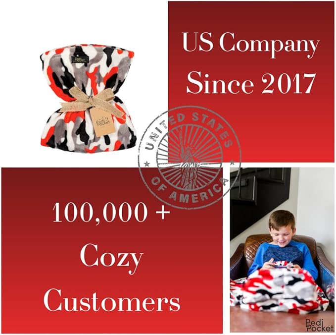 PediPocket Kidz Patented Foot Blanket – Cool Camo – 40” x 50” with 15” Deep Foot Pocket, Plush Velvety Fleece Blanket for Kids,Everyday Luxurious Comfort, Machine Washable, Gift Idea (Non-Electric)