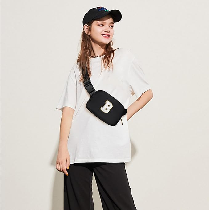 Gitus Birthday Gifts for 8 9 10 11 12 13 Year Old Girls Personalized Fanny Pack Crossbody Bags with Initial Letter Patch Belt Bag for Teen Girls Cute Trendy Stuff Travel Essentials (Black-B)