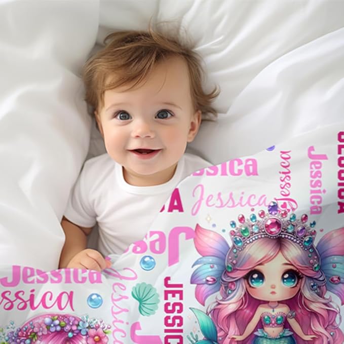 Custom Girl Blanket with Name Personalized Cute Mermaid Blanket for Newborn Customized Soft Flannel Throw Blanket Memorial Gift for Toddler on Birthday Baby Shower Christmas