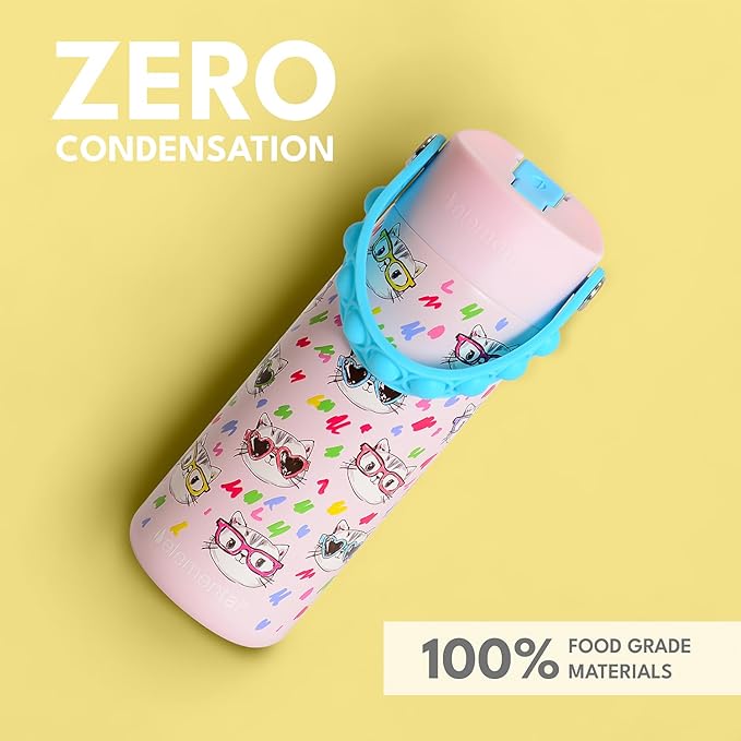 Elemental Insulated Kids Water Bottle, Stainless Steel Water Bottle with Straw Lid & Pop-It Handle, Leak-Proof Water Bottles for School, Boys or Girls, Travelling and Sports, 18oz - Stylish Cat
