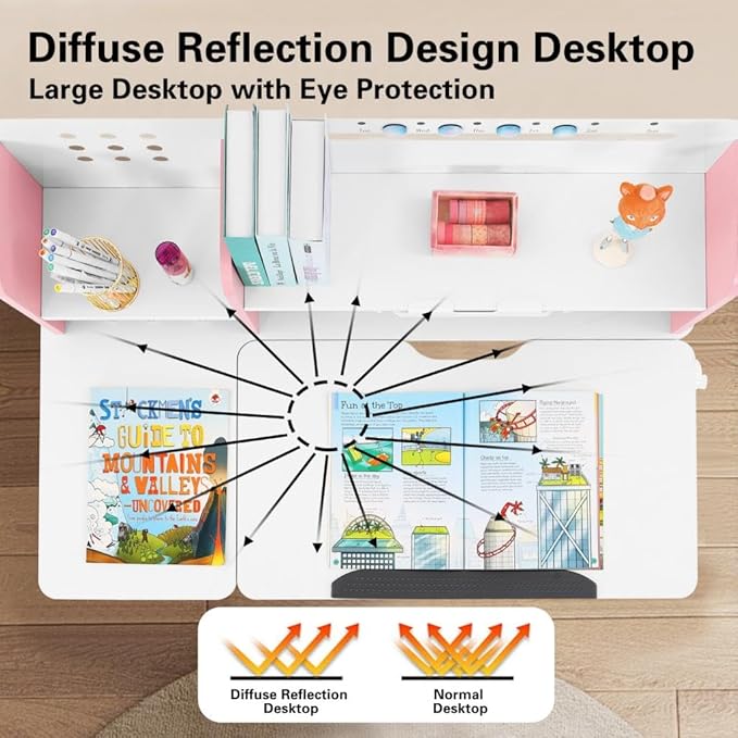 COSVALVE 39in Wide Adjustable Height Kids Desk with Tilting Desktop, Steel Frame, Drawer, and Bookshelf Hutch, Study Child Table for Ages 3-12, Pink