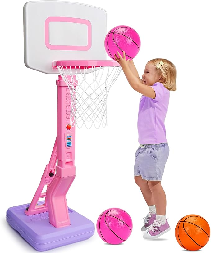 Toddler Girl Basketball Hoop Indoor Pink Adjustable Mini Basketball Goal with Ball Pump for Outdoor Poolside Toys Backyard Game Outside Basketball Toy for Kids Age 1-3 3-5 6 7 4-8 Birthday Gift