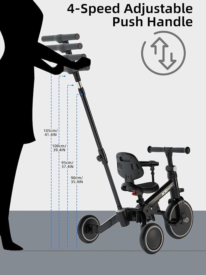 XJD Toddler Bike, 6 in 1 Folding Toddler Tricycle for 1-4 Year Old with Parental Control Handle, Balance Bike with Removable Pedal, Backrest, Adjustable Seat and Handle, First Birthday Gifts (Black)