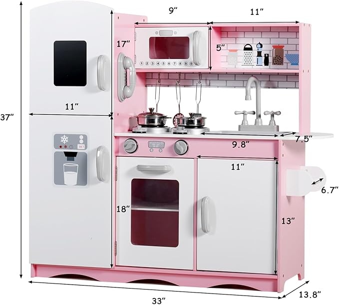 Kinder King Wooden Kids Play Kitchen, Toy Kitchen Playset for Toddler, Pretend Oven, Microwave, Telephone, Chalkboard, Interactive Doors, Knobs, Realistic Kitchen Sets for Boys Girls Age 3+, Pink