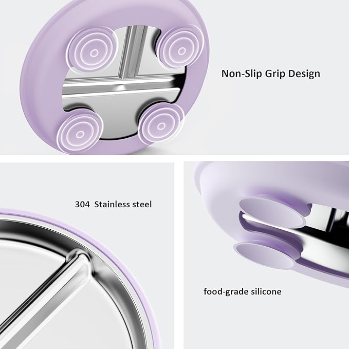 Stainless Steel Suction Plates for Toddlers, 8" Divided Kids Baby Plates with Removable Silicone Suction, Non Toxic Non Slip Portion Control Snack Dishes 3 Packs, Pink Lilac Sage