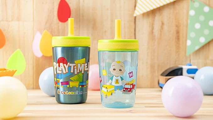Zak Designs CoComelon Kelso Tumbler Set, Leak-Proof Screw-On Lid with Straw, Bundle for Kids Includes Plastic and Stainless Steel Cups with Bonus Sipper (3pc Set, Non-BPA)