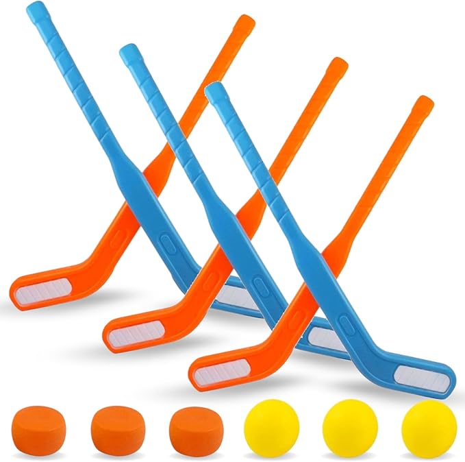 Kids Floor Hockey Stick Bulk Set - 29" Youth Indoor Toys Sports Starter Set with Large Plastic Pucks and Balls for Toddlers, Children (6 Pack)