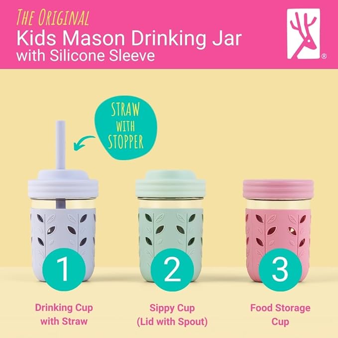 Elk and Friends Kids & Toddler Cups | The Original Glass Mason jars 8 oz with Silicone Sleeves & Silicone Straws with Stoppers | Smoothie Cups | Spill Proof Sippy Cups for Toddlers | 4 Pack