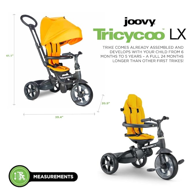 Joovy Tricycoo LX Premium Kids Tricycle with 8 Stages Featuring Chunky Front Tire, Removable and Adjustable Parent Handle, Safety Harness, Machine-Washable Seat Pad, and Retractable Canopy, Zinnia
