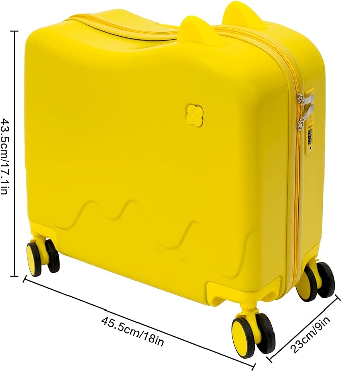 18" Children's Ride On Trolley, Ride-on Travel Suitcase, Cute Ear Toddler Carry on Luggage with Spinner Wheels, Children Rolling Trolly Luggage, Unisex Boys Girls Travel Suitcase with Lock (Yellow)
