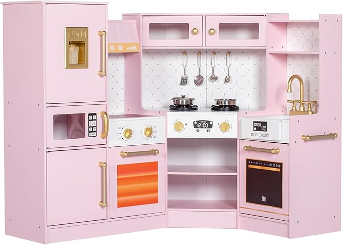 Corner Play Kitchen for Kids, Wooden Toddler Kitchen Playset with Ice Maker, Oven, Sink, Range Hood with Light, Ultimate Pretend Play Toy Kitchen Set Gift for Boys Girls Age 3+, Pink