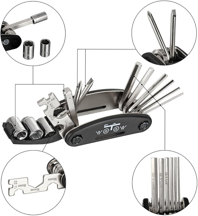 WOTOW Bike Repair Tool Kit, 16 in 1 Bicycle Multitool with Tire Levers Hex Spoke Wrench, Multi Function Accessories Set for Road Mountain Bikes
