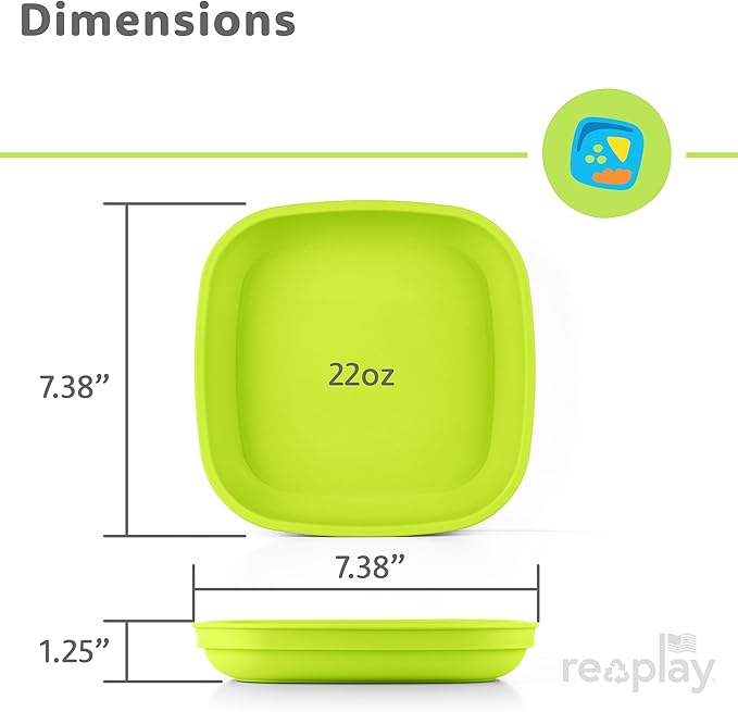 Re-Play Toddler Plates - 22 Oz. Deep-Walled Flat Kids Plates - Dishwasher & Microwave Safe - Made in USA - Set of 4-7.37" x 7.37" x 1.25" - Preschool