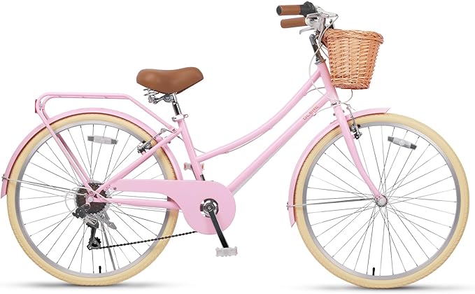 Glerc 20 24 26 Inch Beach Cruiser Bike, 6-Speed Hybrid City Bicycle for Girls Youth and Over 6 Years Old, Missy Bike with Wicker Basket & Lightweight, Multiple Colors