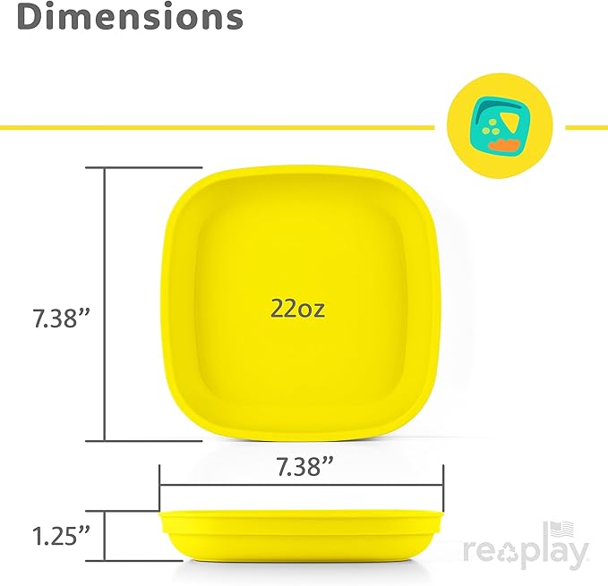 Re-Play Toddler Plates - 22 Oz. Deep-Walled Flat Kids Plates - Dishwasher & Microwave Safe - Made in USA - Set of 4-7.37" x 7.37" x 1.25" - Spring