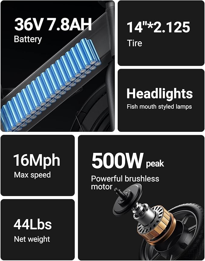 DYU Electric Bike for Adults Teens, Folding Electric Bicycle,Commuter City E-Bike with 350W Motor and 36V 7.8Ah Battery,3 Levels Assist, Dual Disc Brakes