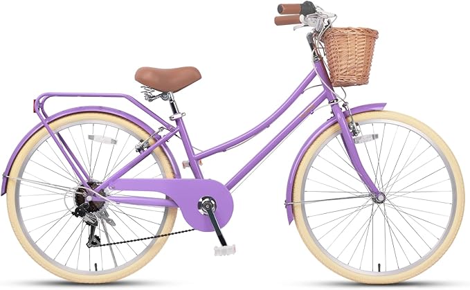 Glerc 20 24 26 Inch Beach Cruiser Bike, 6-Speed Hybrid City Bicycle for Girls Youth and Over 6 Years Old, Missy Bike with Wicker Basket & Lightweight, Multiple Colors
