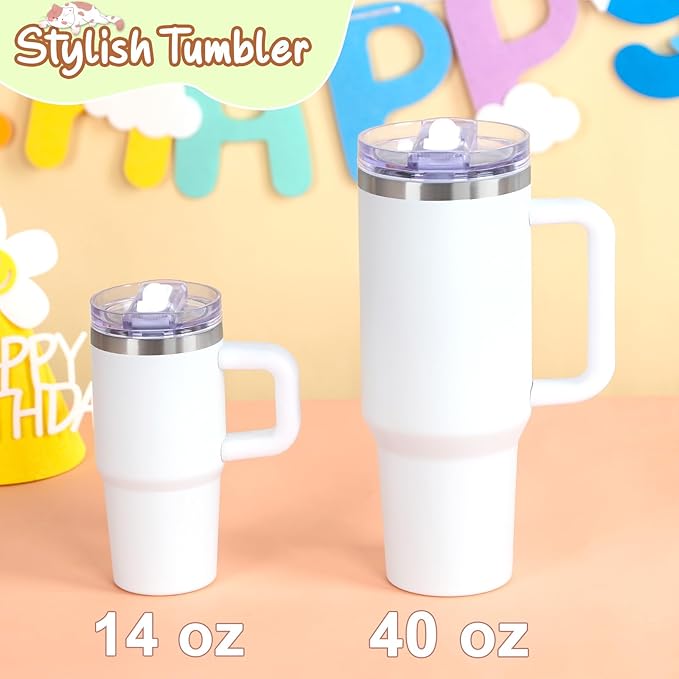 Cosictic 14 Oz Flip Straw Tumbler with Handle for Kids, Stainless Steel Double Wall Insulated Cup for Children with Flip Top Lid, 14 Oz Leak-proof Cups for Kids, White