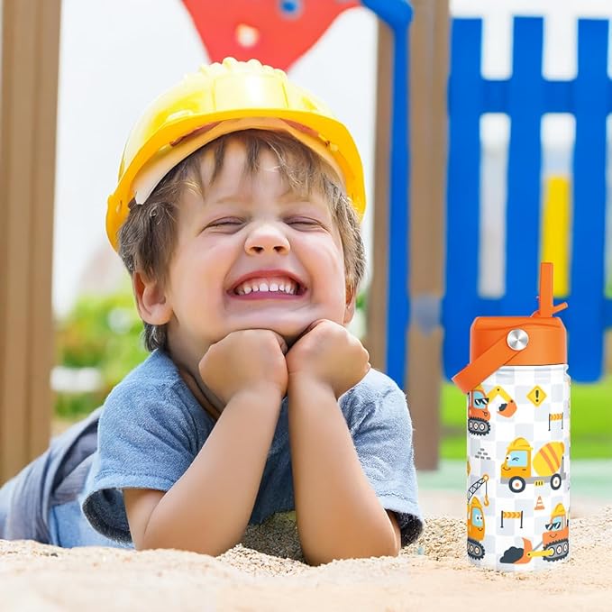 Construction Kids Water Bottle With Straw Lid 12oz Insulated Stainless Steel, Truck Travel Tumbler, Gifts For Boys, Birthday, Christmas, Back To School