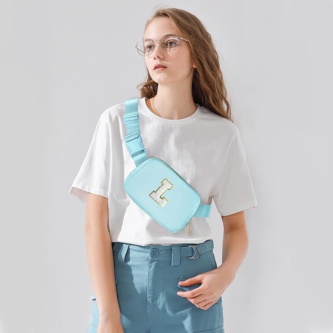Gitus Birthday Gifts for 8 9 10 11 12 13 Year Old Girls Personalized Fanny Pack Crossbody Bags with Initial Letter Patch Belt Bag for Teen Girls Cute Trendy Stuff Travel Essentials (Icingblue-L)