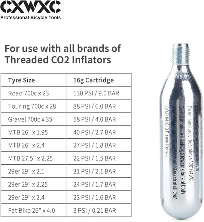 CXWXC CO2 Inflator with 4 x 16g CO2 Cartridges & Tubeless Tire Repair Kit - Presta/Schrader Valve Compatible - Bicycle Tire Pump for Road and Mountain Bikes