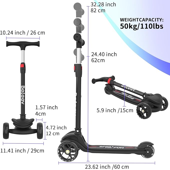 BELEEV A8 Scooter for Kids Ages 3-12, 3 Wheel Folding Scooter for Toddlers Girls Boys, LED Light-Up Wheels, 4 Adjustable Height, Lean to Steer, Extra Wide Wheels, Three Wheel Kick Scooter for Children