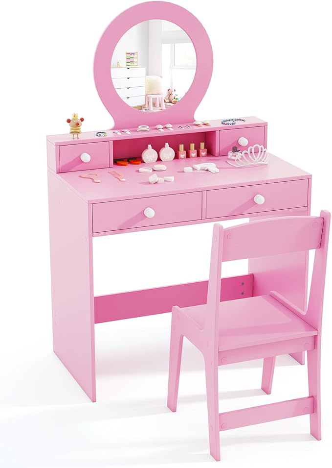 HONEY JOY Kids Vanity, Little Girls Vanity Set with Mirror and Stool, Drawers, Toddler Makeup Vanity Dressing Table, Wooden Pretend Play Kids Vanity Table and Chair Set (Pink)