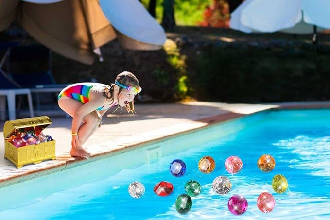 Diving Gems Pool Toys for Kids with Treasure Pirate 16PCS Big Colorful Diamond Jewels, Treasure Chest Dive Pool Gems Toy for Diving Underwater Swimming, Beach, Kids Party Favors Decors.