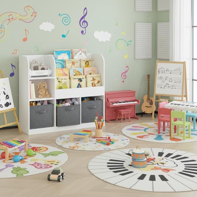 Kids Bookshelf, Wooden Kids Bookcase with 3 Storage Bins for Toy Storage, 4-Tier Shelf for Books & Reading, Multifunctional Toy Box with Bookshelf for Nursery & Bedroom Organization