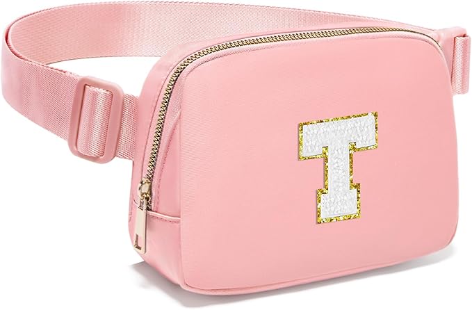 Gitus Birthday Gifts for 8 9 10 11 12 13 Year Old Girls Personalized Fanny Pack Crossbody Bags with Initial Letter Patch Belt Bag for Teen Girls Cute Trendy Stuff Travel Essentials (LightPink-T)