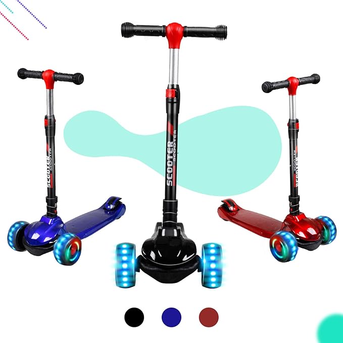 LENOGE Kids Scooter, Toddler Scooter with 3 Flashing LED Big PU Wheels Kick Scooter for Kids Folding Adjustable Height Kick Scooter Toys for Ages 3-6 Boys Girls
