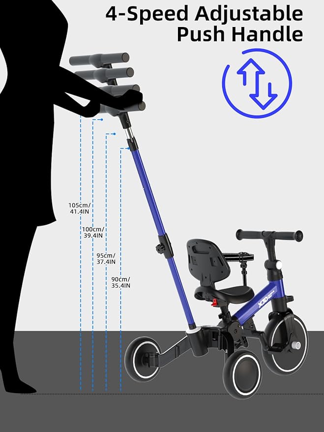 XJD Toddler Bike, 6 in 1 Folding Toddler Tricycle for 1-4 Year Old with Parental Control Handle, Balance Bike with Removable Pedal, Backrest, Adjustable Seat and Handle, First Birthday Gifts (Blue)