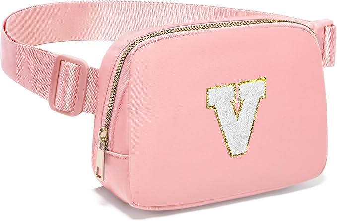 Gitus Birthday Gifts for 8 9 10 11 12 13 Year Old Girls Personalized Fanny Pack Crossbody Bags with Initial Letter Patch Belt Bag for Teen Girls Cute Trendy Stuff Travel Essentials (LightPink-V)