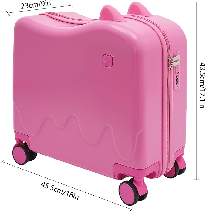 18" Children's Ride On Trolley , Ride-on Travel Suitcase, Cute Ear Toddler Carry on Luggage with Spinner Wheels, Children Rolling Trolly Luggage, Unisex Boys Girls Travel Suitcase With Lock (18“ Pink)