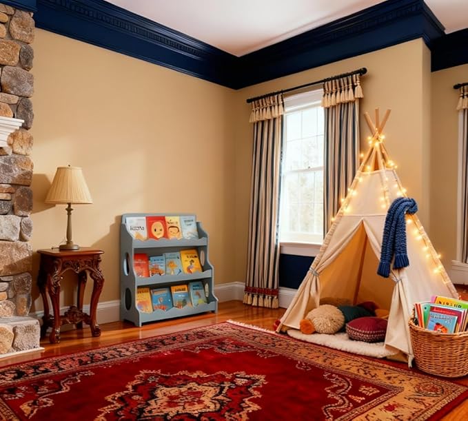 Kids Bookshelf Wooden Montessori Book Shelf Dutch Design 3Tier Scalloped,TranquilGrey