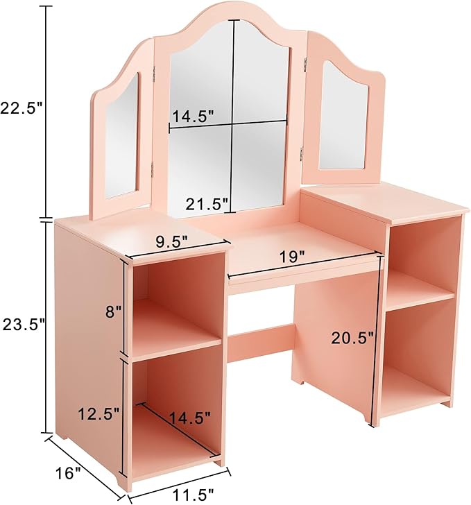 Kids Vanity, 2 in 1 Princess Makeup Vanity Storage Cabinet with Detachable Top, Girls Vanity Set with Tri-fold Mirror, Kids Vanity Set with Mirror Age 3-9 (Pink)