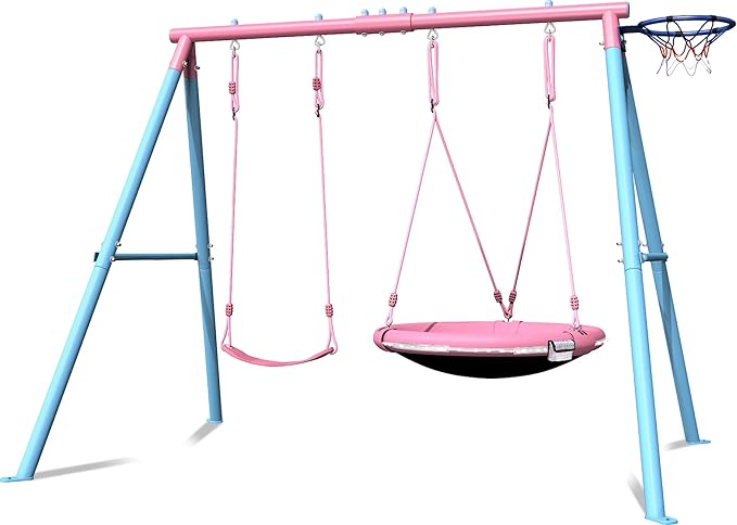 4-in-1 Swing Set 440lbs, Outdoor Swing Sets for Backyard for Kids, 1 Saucer 32", 1 Belt Swing, 1 Basketball Hoop & 1 Led Light with Heavy Duty Metal A-Frame Stand & Anchors for playset