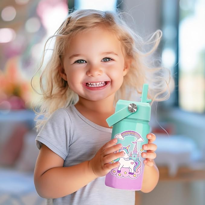 Unicorn Water Bottle - Kids Water Bottle with Straw Lid - 12 Oz Insulated Stainless Steel Ocean Water Bottles for Kid Girl- Travel Cup for School Sports