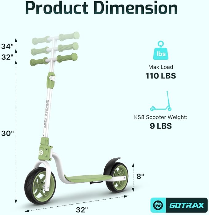 Gotrax KS8 Kick Scooter for Kids 5+, Large 8" Wheels and Height Adjustable Handlebar, Sturdy Wide Deck & Rear Brake, Detachable for Easy Storage, 2 Wheels Scooter for Kids, Teens, Gift for Boy & Girl