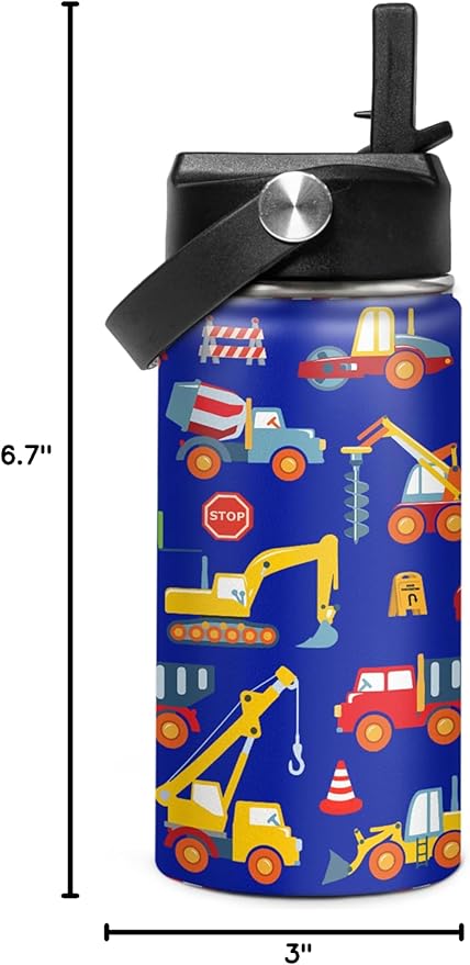 Kids Water Bottle with Straw Construction Insulated Water Bottles 12oz Stainless Steel Travel School Tumbler Double Wall Vacuum Cup for Boys Kid