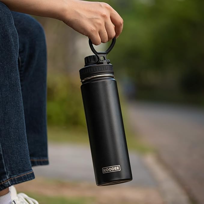 Koodee Insulated Water Bottle, 18 oz Stainless Steel Double Wall Vacuum Wide Mouth Sport Bottle with Leakproof Spout Lid (Black)