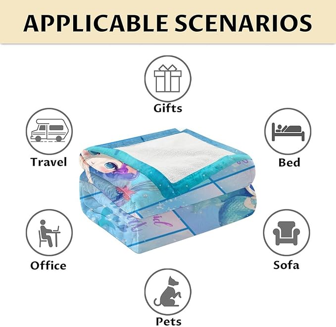 Mermaid Blanket - Soft, Fuzzy & Warm - 30"x40" Small Blanket for Couch, Office - Blue Cute Throw Gifts for Girls