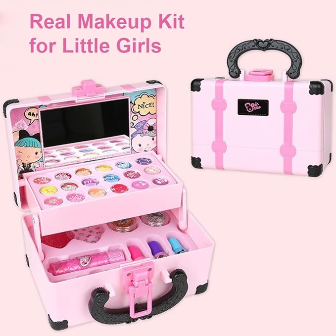 Pongnas Girls Makeup Kit Kids Cosmetics Play Set with 6 Lip Gloss 6 Eye Shadow 6 Cheek Cream 3 Nail Polish Travel Safe Washable Real Makeup for Little Girls