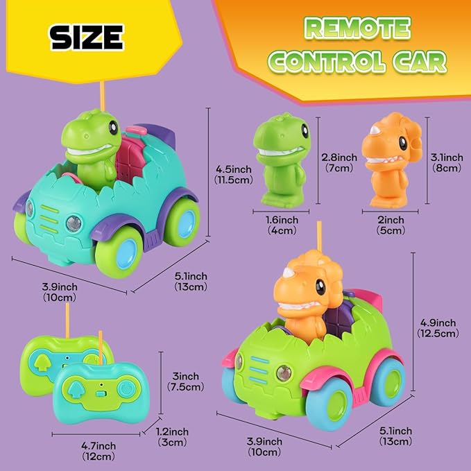 Nueplay Remote Control Car for Toddler Age 2 3 4 5, Electric RC Toys with Light & Music, Toddler Dinosaur Toys, Dino Figures Truck Race Vehicles, Birthday Gift for Boys & Girls, 2 Pack Playset