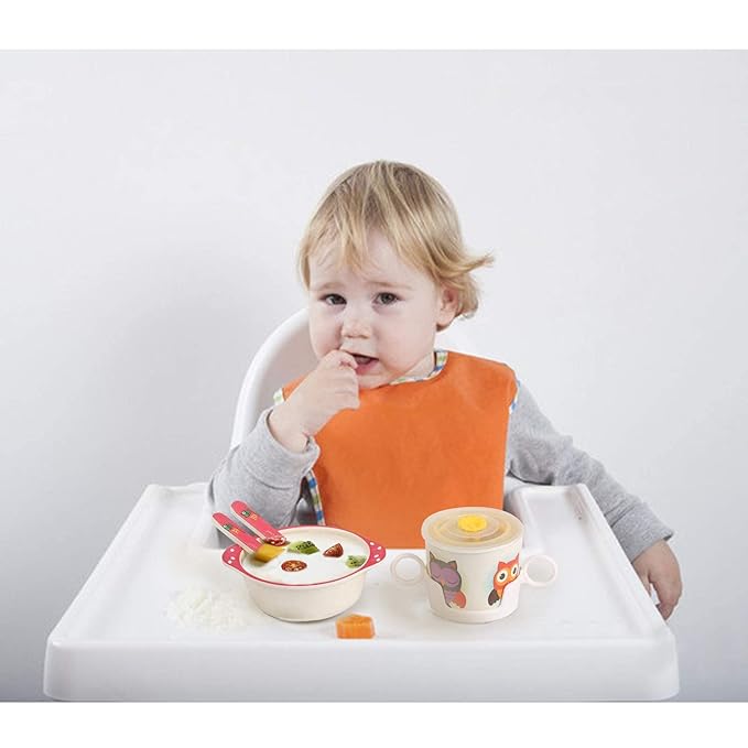 shopwithgreen 7Pcs/Set Bamboo Kids Dinnerware Set - Children Dishes - Food Plate Bowl Cup Spoon Fork Set Dishware, Cartoon Tableware, Dishwasher Safe Kids Healthy Mealtime, BPA Free