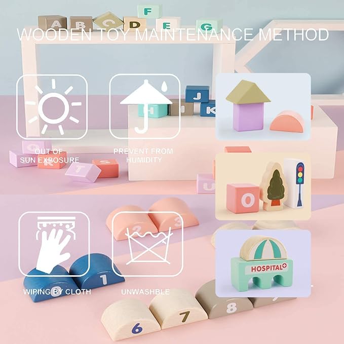 Wooden Building Blocks Set, City Construction Stacker Stacking Preschool Learning Educational Toys, Toddler Toys for 3+ Year Old Boy and Girl Gifts